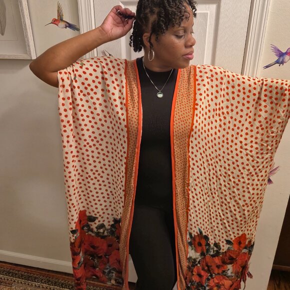 Bl^nk London Poppy Floral Duster Kimono Orange Polka Dot Beaded Accents - Picture 2 of 8